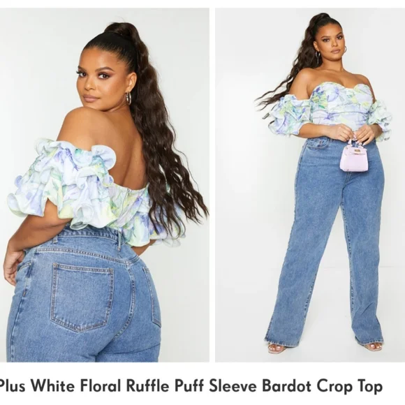 PrettyLittleThing Plus NWT Floral Ruffle Puff Sleeve Bardot Crop Top Size 28 - Picture 1 of 6